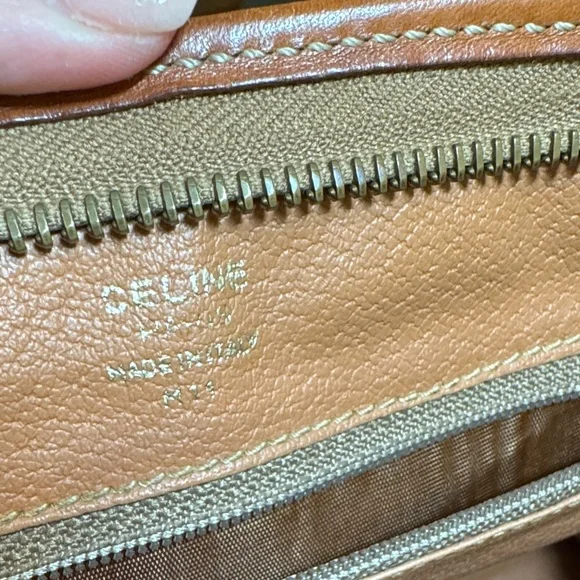 Celine Triumph Logo Clutch Leather Trim Vintage Beige & Brown Bag - Picture 7 of 16